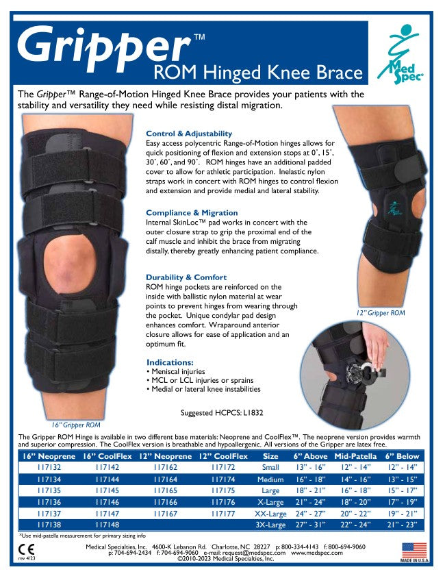 MedSpec Gripper™ 12" Hinged Knee Brace, Neoprene ROM